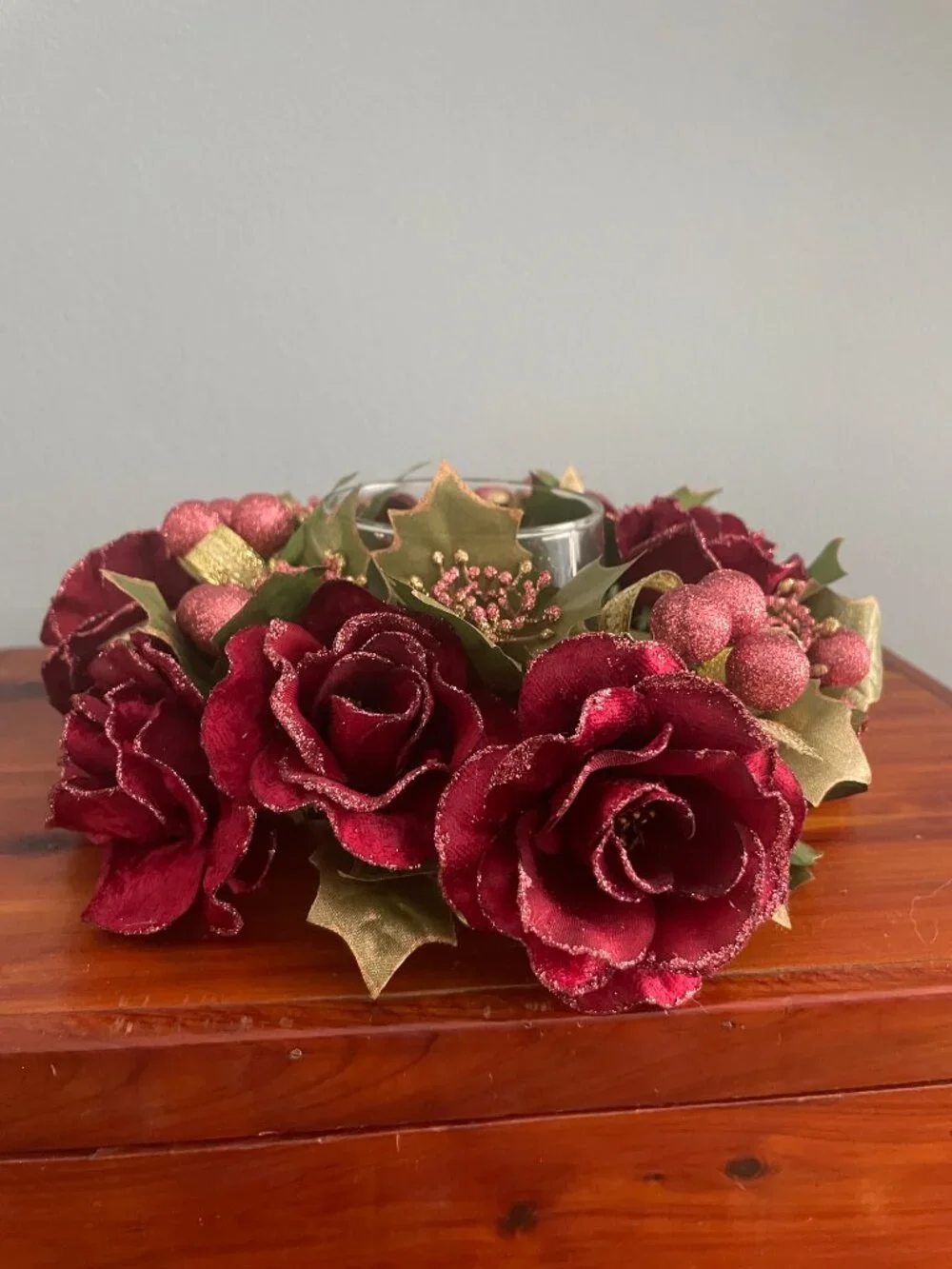 Christmas Candle Holder Ring Floral Roses Cranberries Holly Glitter 8